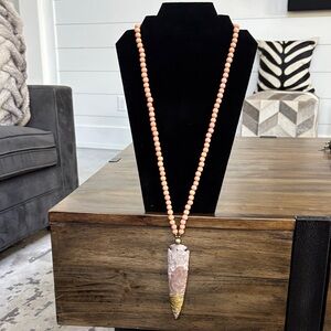 Elegant Pink Beaded Necklace with Stone Arrowhead Pendant